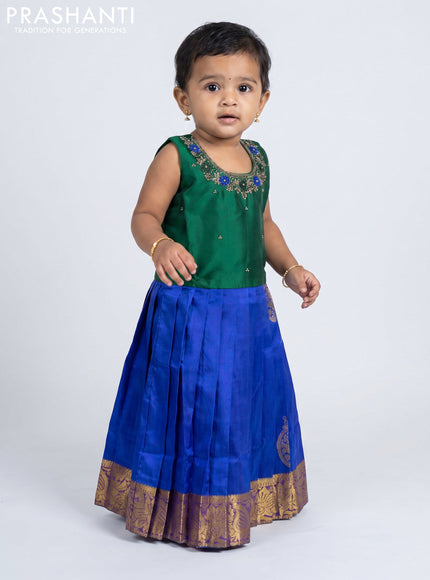 Pure silk kids frock green and royal blue with embroidery neck pattern and sleeveless style