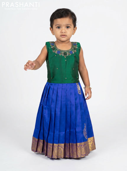 Pure silk kids frock green and royal blue with embroidery neck pattern and sleeveless style