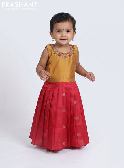 Pure silk kids frock mustard yellow and red with embroidery neck pattern and sleeveless style