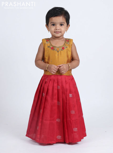 Pure silk kids frock mustard yellow and red with embroidery neck pattern and sleeveless style