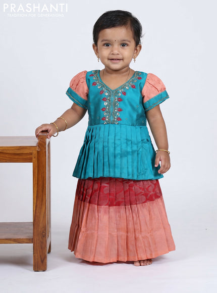 Pure silk kids Lehenga teal blue and maroon peach with embroidery neck pattern and puff sleeve