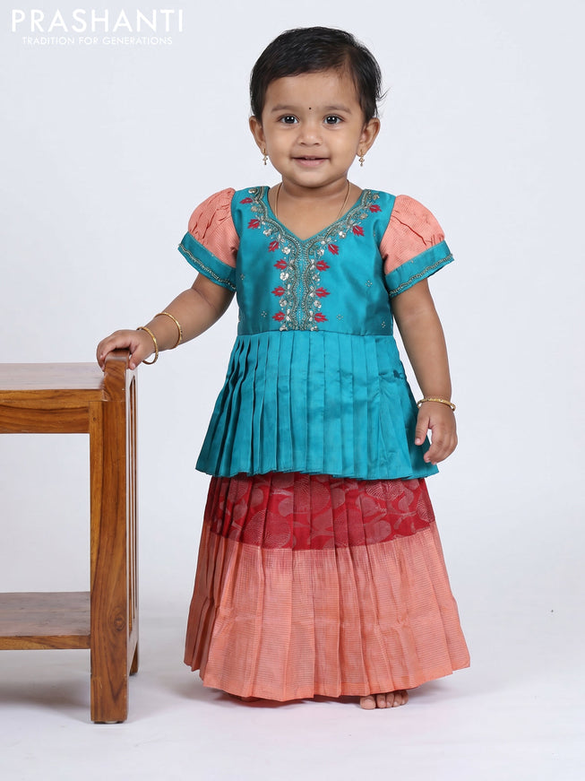Pure silk kids Lehenga teal blue and maroon peach with embroidery neck pattern and puff sleeve