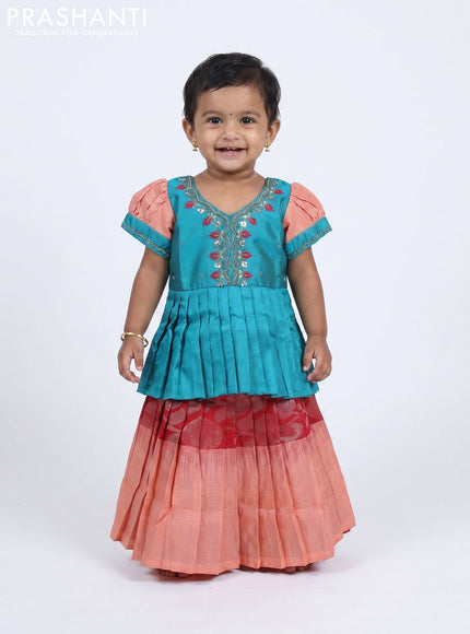 Pure silk kids Lehenga teal blue and maroon peach with embroidery neck pattern and puff sleeve
