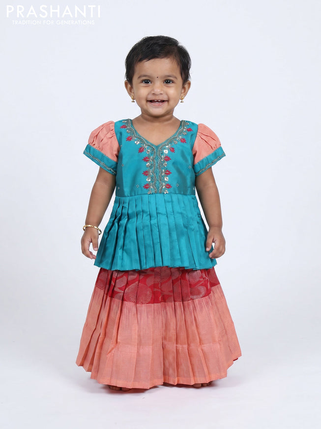 Pure silk kids Lehenga teal blue and maroon peach with embroidery neck pattern and puff sleeve