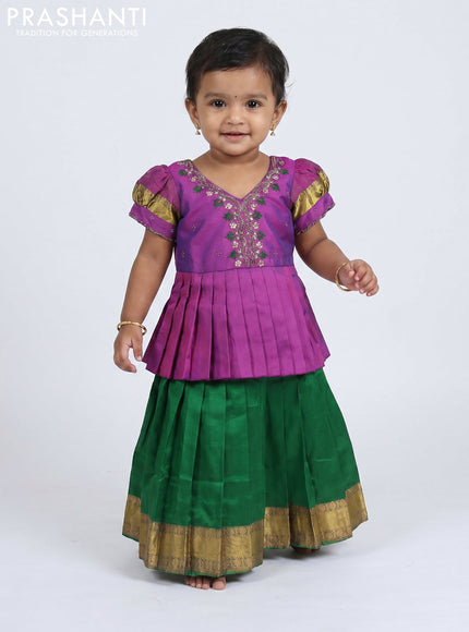 Pure silk kids Lehenga purple and green with embroidery neck pattern and puff sleeve