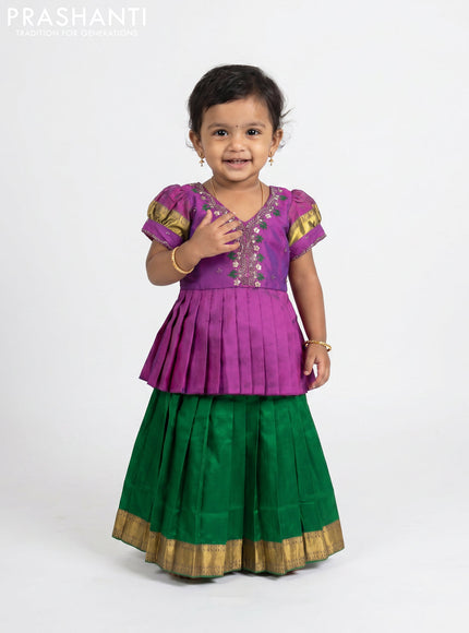 Pure silk kids Lehenga purple and green with embroidery neck pattern and puff sleeve