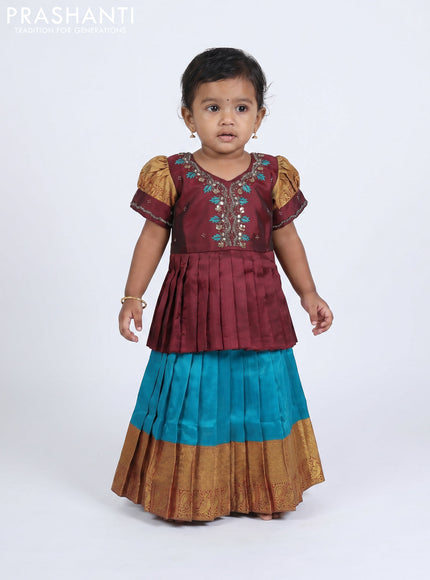 Pure silk kids Lehenga maroon and teal blue with embroidery neck pattern and puff sleeve