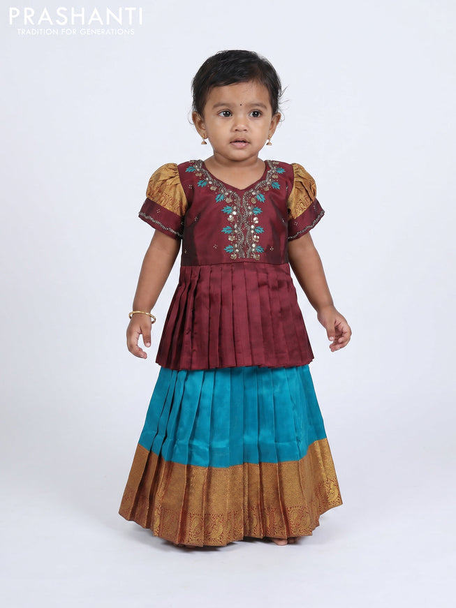 Pure silk kids Lehenga maroon and teal blue with embroidery neck pattern and puff sleeve
