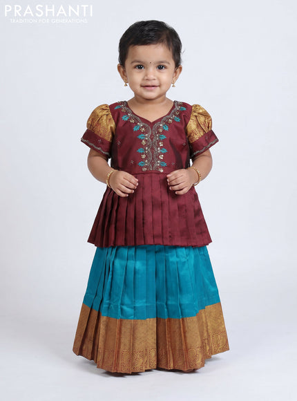 Pure silk kids Lehenga maroon and teal blue with embroidery neck pattern and puff sleeve