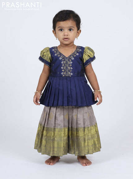 Pure silk kids Lehenga peacock blue and grey with embroidery neck pattern and puff sleeve