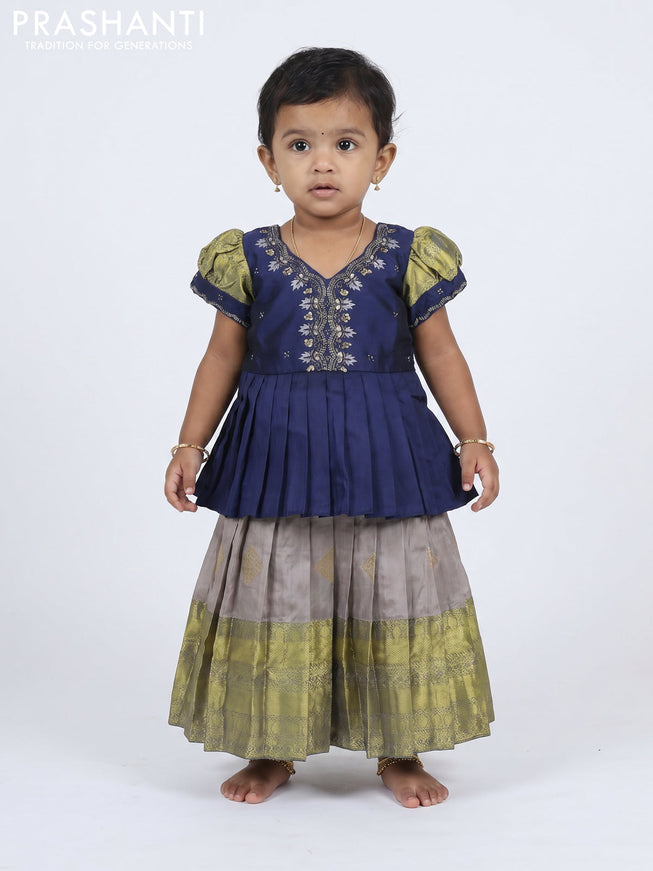 Pure silk kids Lehenga peacock blue and grey with embroidery neck pattern and puff sleeve