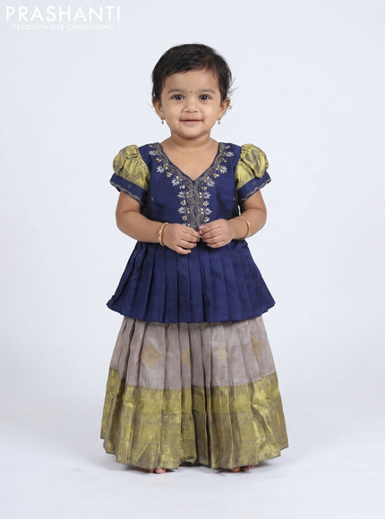 Pure silk kids Lehenga peacock blue and grey with embroidery neck pattern and puff sleeve