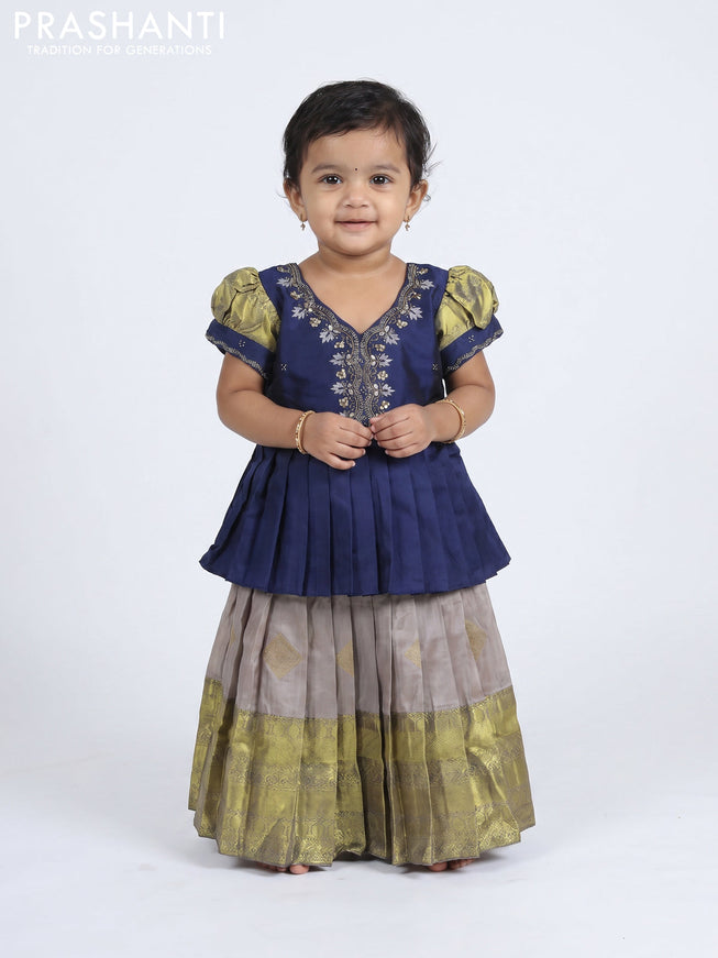 Pure silk kids Lehenga peacock blue and grey with embroidery neck pattern and puff sleeve