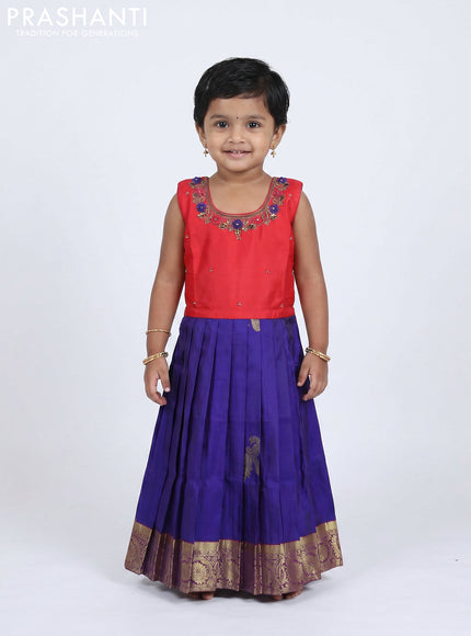 Pure silk kids Lehenga red and blue with embroidery neck pattern and sleeveless style