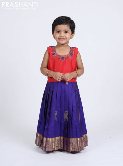 Pure silk kids Lehenga red and blue with embroidery neck pattern and sleeveless style