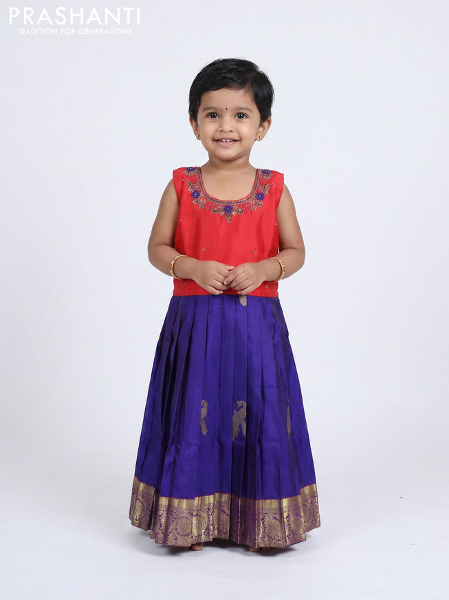 Pure silk kids Lehenga red and blue with embroidery neck pattern and sleeveless style