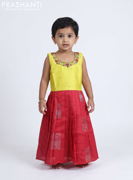 Pure silk kids Lehenga lime yellow and red with embroidery neck pattern and sleeveless style