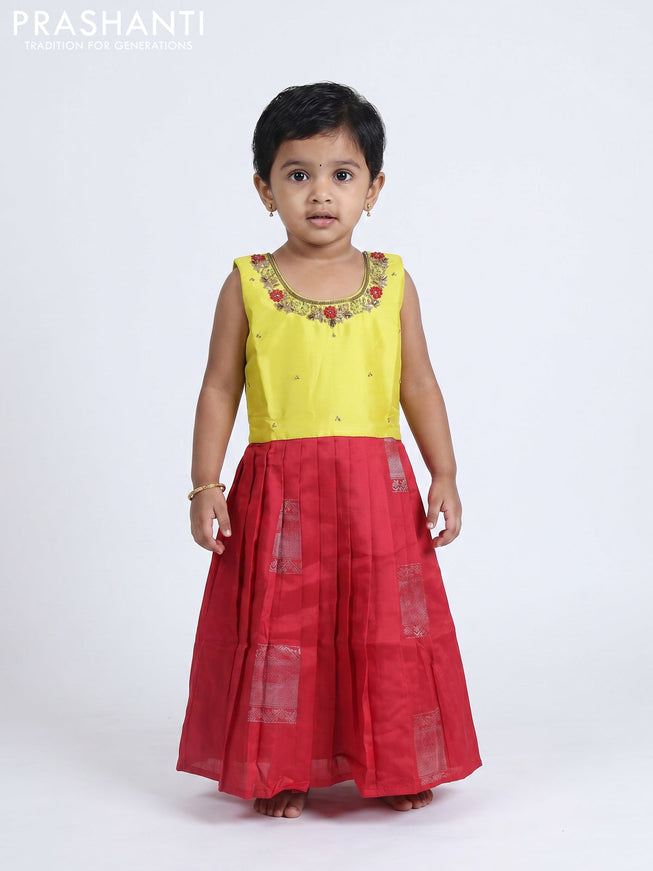 Pure silk kids Lehenga lime yellow and red with embroidery neck pattern and sleeveless style