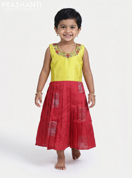 Pure silk kids Lehenga lime yellow and red with embroidery neck pattern and sleeveless style