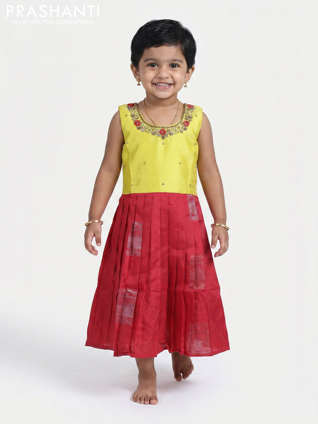 Pure silk kids Lehenga lime yellow and red with embroidery neck pattern and sleeveless style