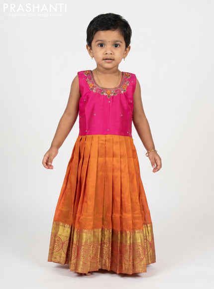 Pure silk kids Lehenga pink and sunset orange with embroidery neck pattern and sleeveless style