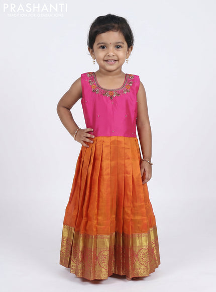 Pure silk kids Lehenga pink and sunset orange with embroidery neck pattern and sleeveless style