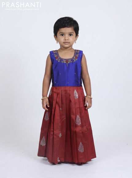 Pure silk kids Lehenga blue and maroon with embroidery neck pattern and sleeveless style
