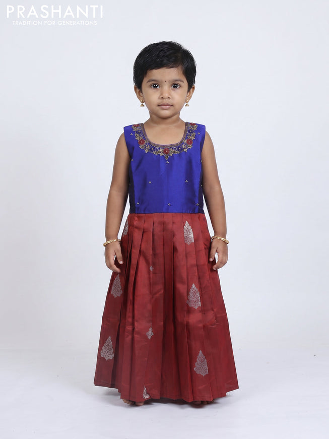 Pure silk kids Lehenga blue and maroon with embroidery neck pattern and sleeveless style
