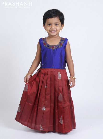 Pure silk kids Lehenga blue and maroon with embroidery neck pattern and sleeveless style