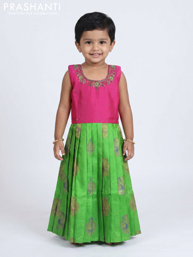 Pure silk kids Lehenga pink and parrot green with embroidery neck pattern and sleeveless style