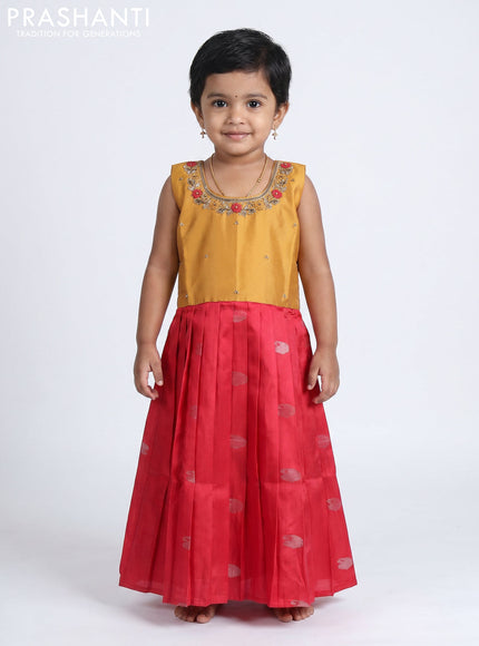 Pure silk kids Lehenga dark mustard and red with embroidery neck pattern and sleeveless style