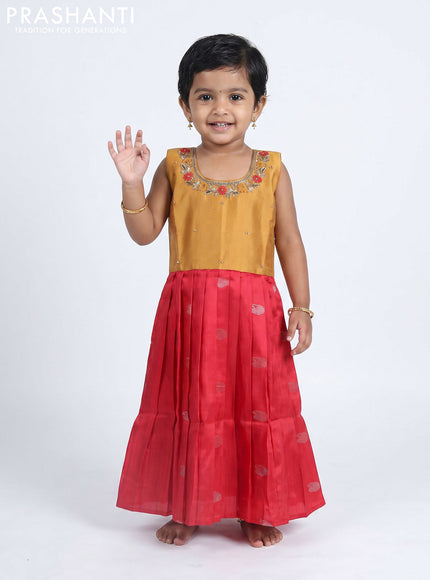 Pure silk kids Lehenga dark mustard and red with embroidery neck pattern and sleeveless style
