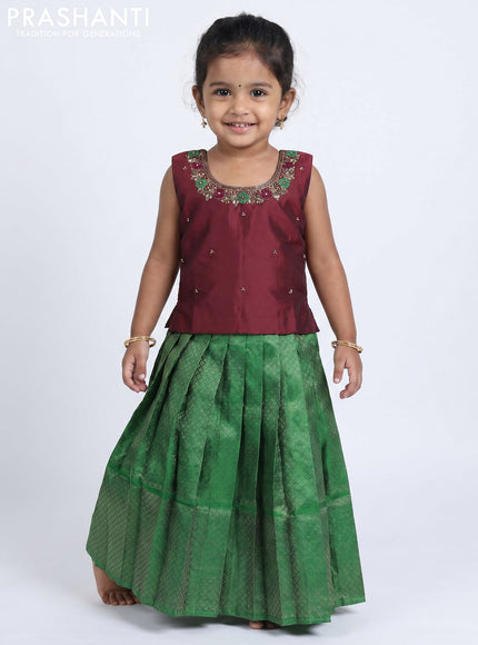 Pure silk kids Lehenga deep maroon and green with embroidery neck pattern and sleeveless style