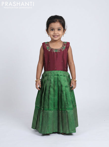 Pure silk kids Lehenga deep maroon and green with embroidery neck pattern and sleeveless style