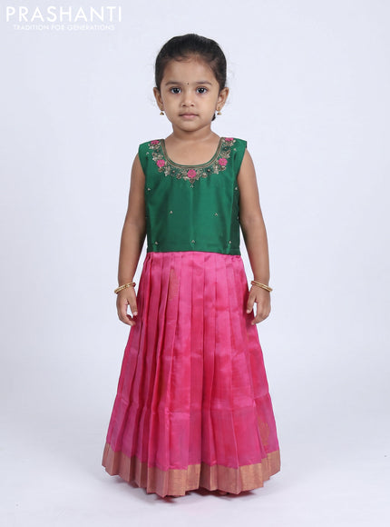 Pure silk kids Lehenga green and pink with embroidery neck pattern and sleeveless style