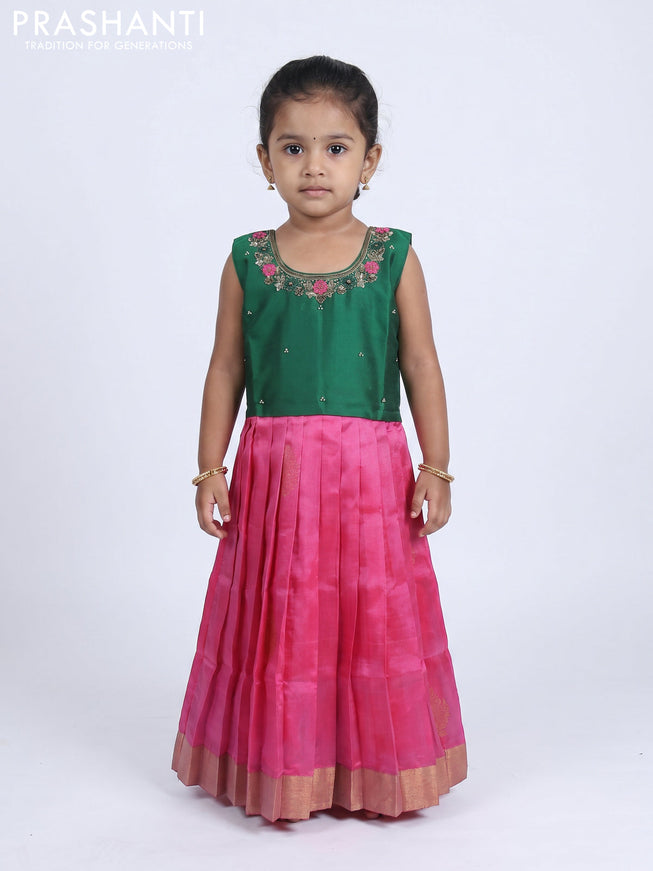 Pure silk kids Lehenga green and pink with embroidery neck pattern and sleeveless style