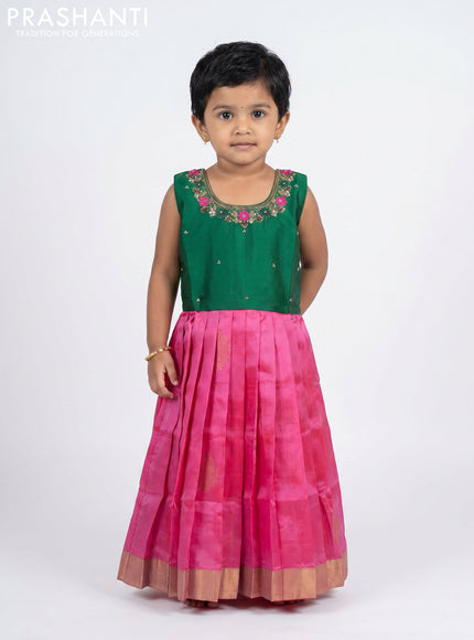 Pure silk kids Lehenga green and pink with embroidery neck pattern and sleeveless style