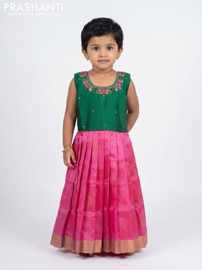 Pure silk kids Lehenga green and pink with embroidery neck pattern and sleeveless style