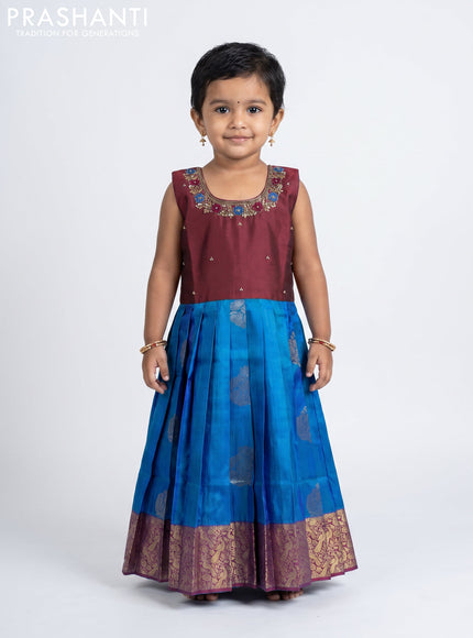 Pure silk kids Lehenga maroon and dual tone blue with embroidery neck pattern and sleeveless style
