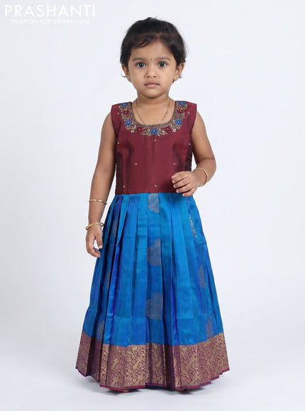 Pure silk kids Lehenga maroon and dual tone blue with embroidery neck pattern and sleeveless style