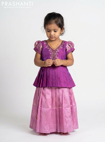 Pure silk kids Lehenga purple and lotus pink with embroidery neck pattern and puff sleeve