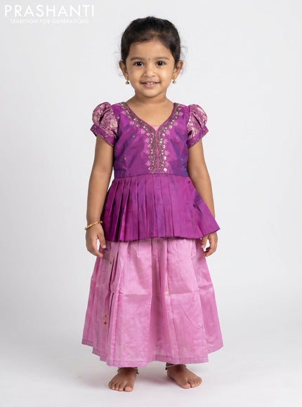 Pure silk kids Lehenga purple and lotus pink with embroidery neck pattern and puff sleeve