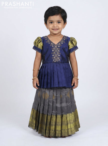 Pure silk kids Lehenga navy blue and grey with embroidery neck pattern and puff sleeve