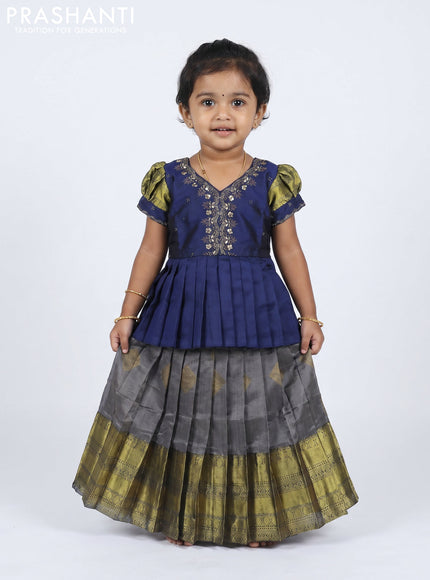 Pure silk kids Lehenga navy blue and grey with embroidery neck pattern and puff sleeve