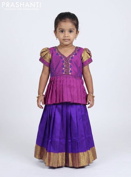 Pure silk kids Lehenga purple and violet with embroidery neck pattern and puff sleeve
