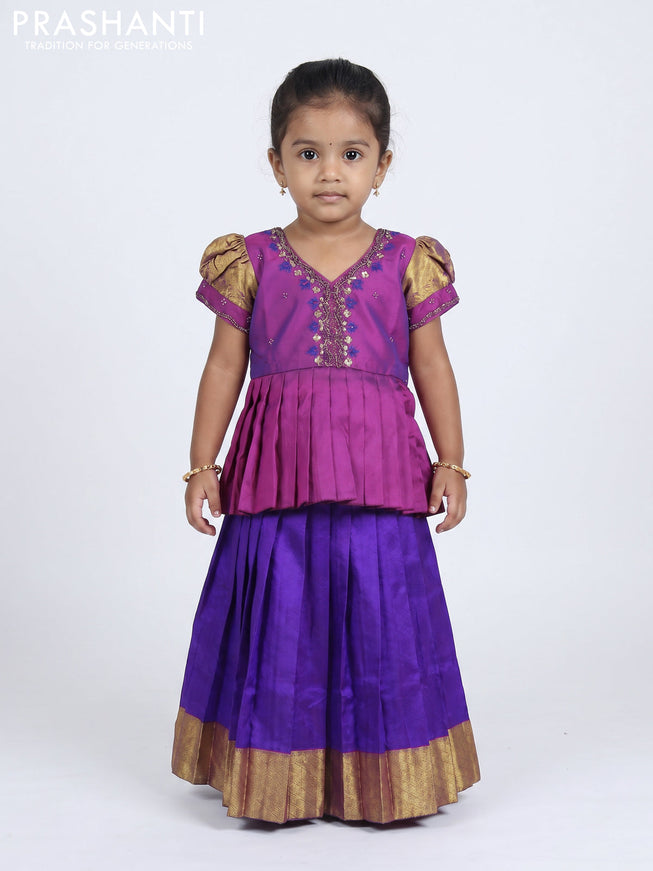 Pure silk kids Lehenga purple and violet with embroidery neck pattern and puff sleeve