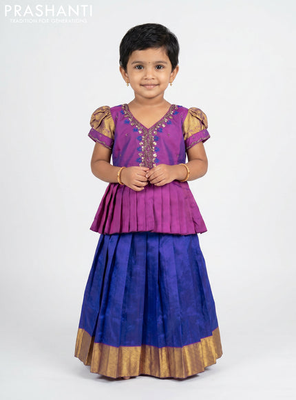 Pure silk kids Lehenga purple and violet with embroidery neck pattern and puff sleeve