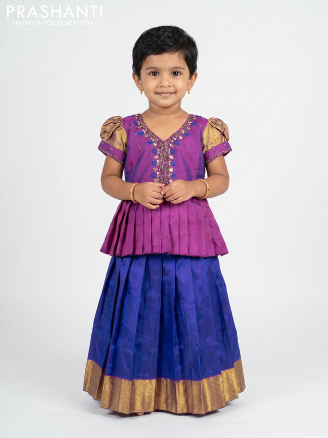 Pure silk kids Lehenga purple and violet with embroidery neck pattern and puff sleeve
