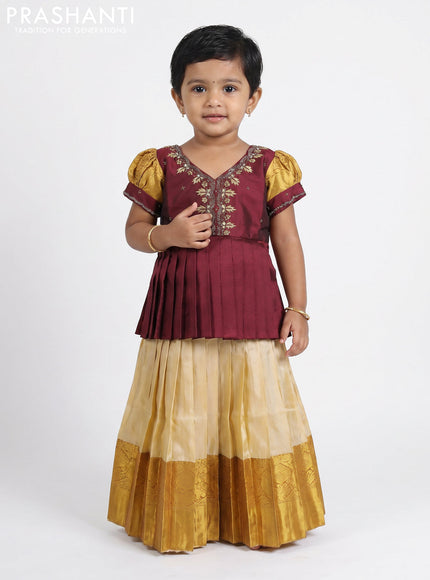 Pure silk kids Lehenga maroon and cream with embroidery neck pattern and puff sleeve