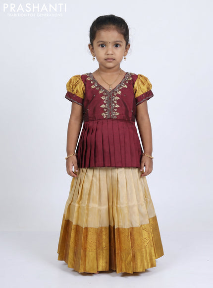 Pure silk kids Lehenga maroon and cream with embroidery neck pattern and puff sleeve